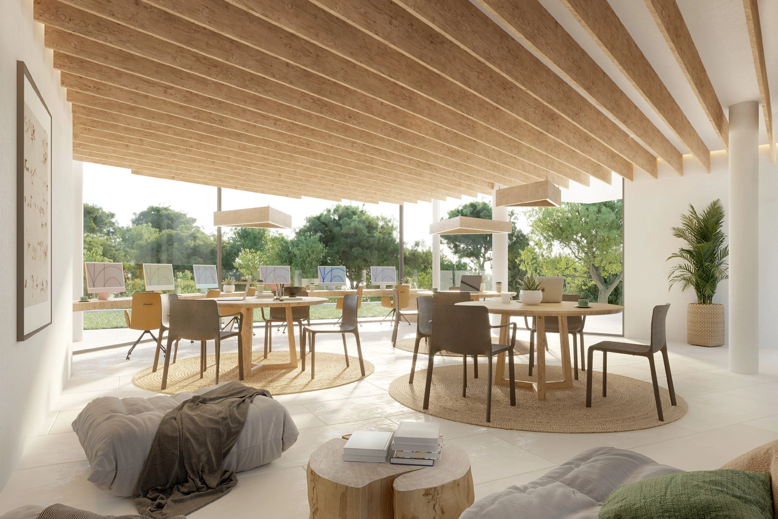 Ein spezieller Co-Working-Bereich bietet den Bewohnern eine ruhige und inspirierende Umgebung zum Arbeiten oder Treffen.