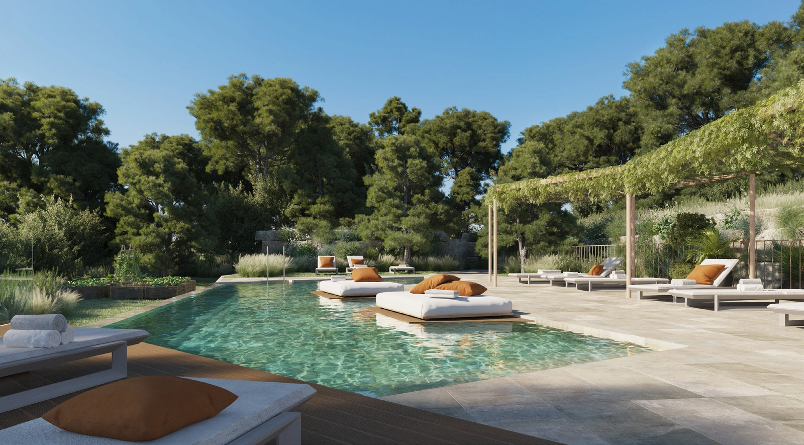 Der Gemeinschaftspoolbereich ist eine friedliche Oase, umgeben von üppigem Grün für ultimative Ruhe.