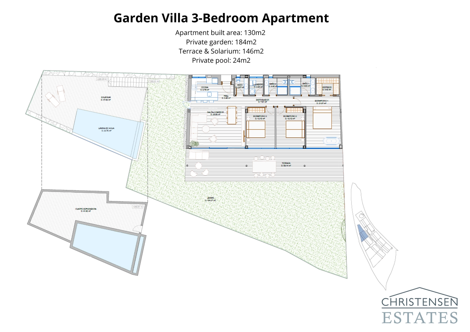 Der Grundriss der Garden Villa ist für ein nahtloses Wohnen im Innen- und Außenbereich konzipiert und verbindet geräumige Innenräume mit einem großen privaten Garten und Pool.
