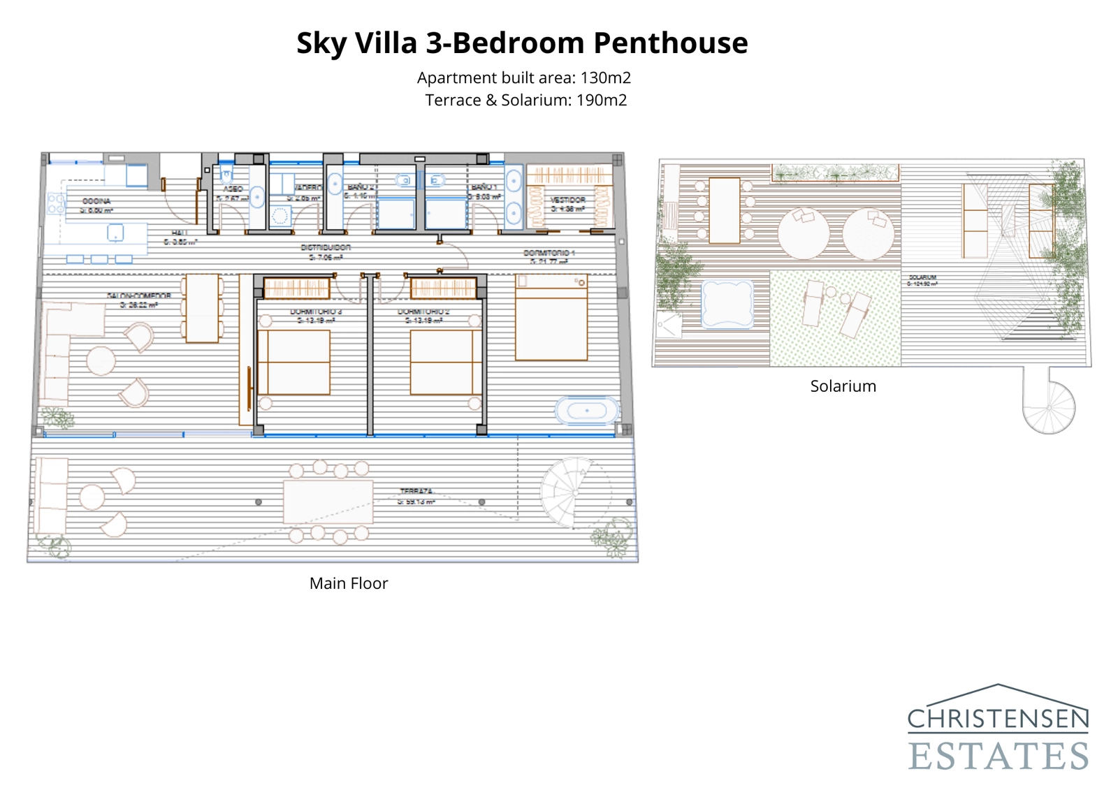 Dieser Penthouse-Plan der Sky Villa zeigt die weitläufige Hauptetage und das prächtige Dachsolarium, das ultimative Privatsphäre und spektakuläre Ausblicke bietet.