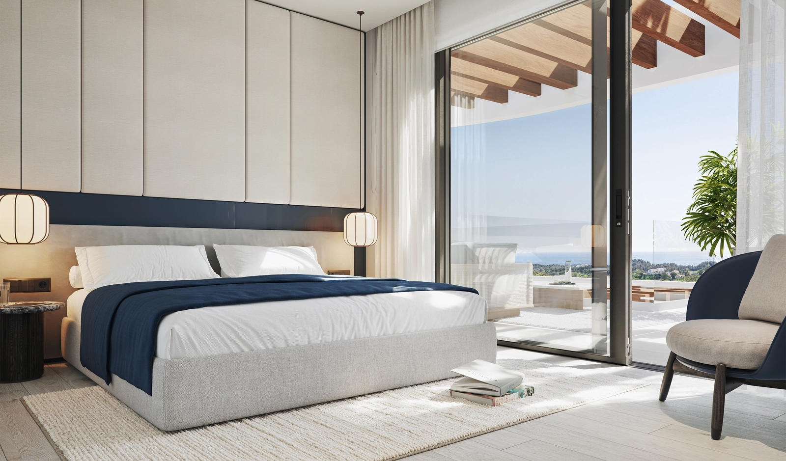 Friedliche Master-Suite mit sanftem Licht, offenem Meerblick und höchstem Komfort.