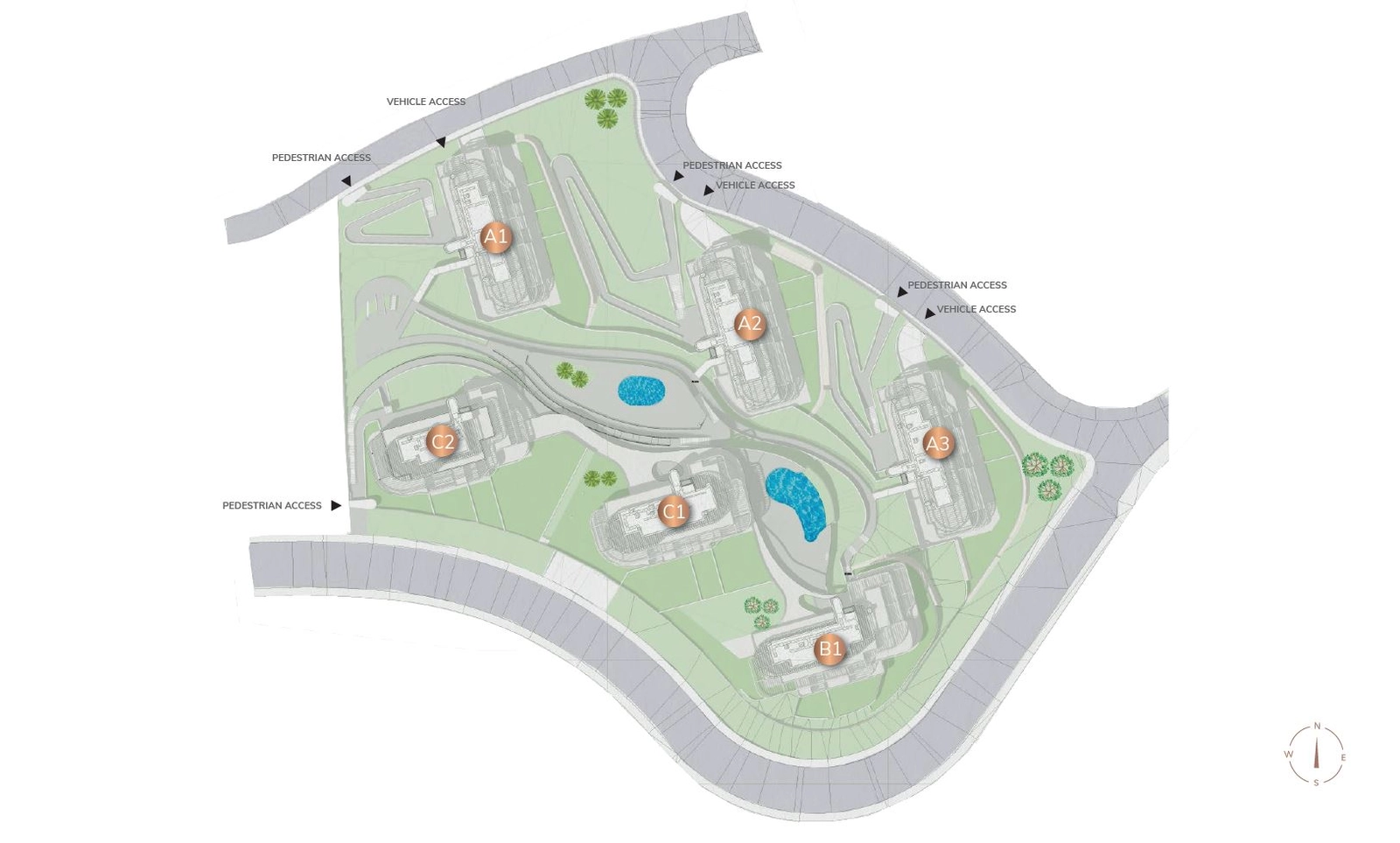 Entdecken Sie den meisterhaften Lageplan, der die harmonische Integration von sechs exklusiven Gebäuden in landschaftlich gestaltete Gärten, Pools und Freizeitanlagen zeigt.