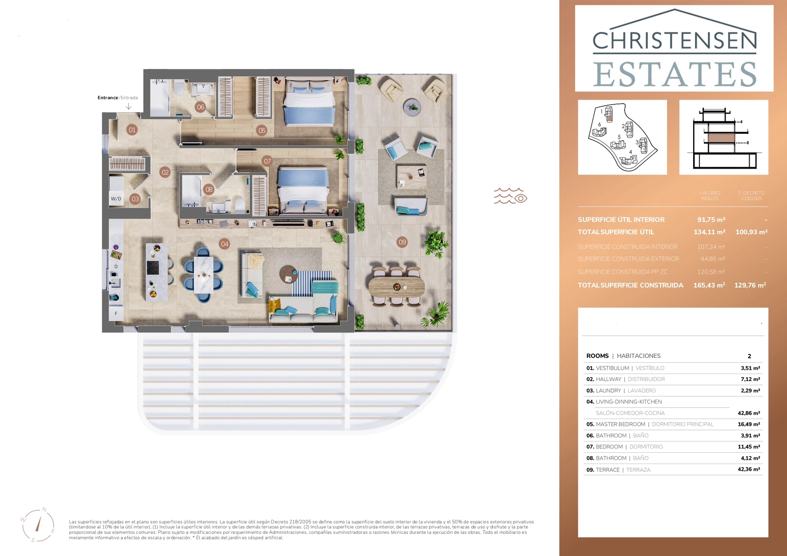 Dieser Grundriss mit zwei Schlafzimmern offenbart eine perfekte Balance zwischen privaten Rückzugsorten und sozialen Bereichen, mit einer weitläufigen Terrasse für gehobenes Wohnen.