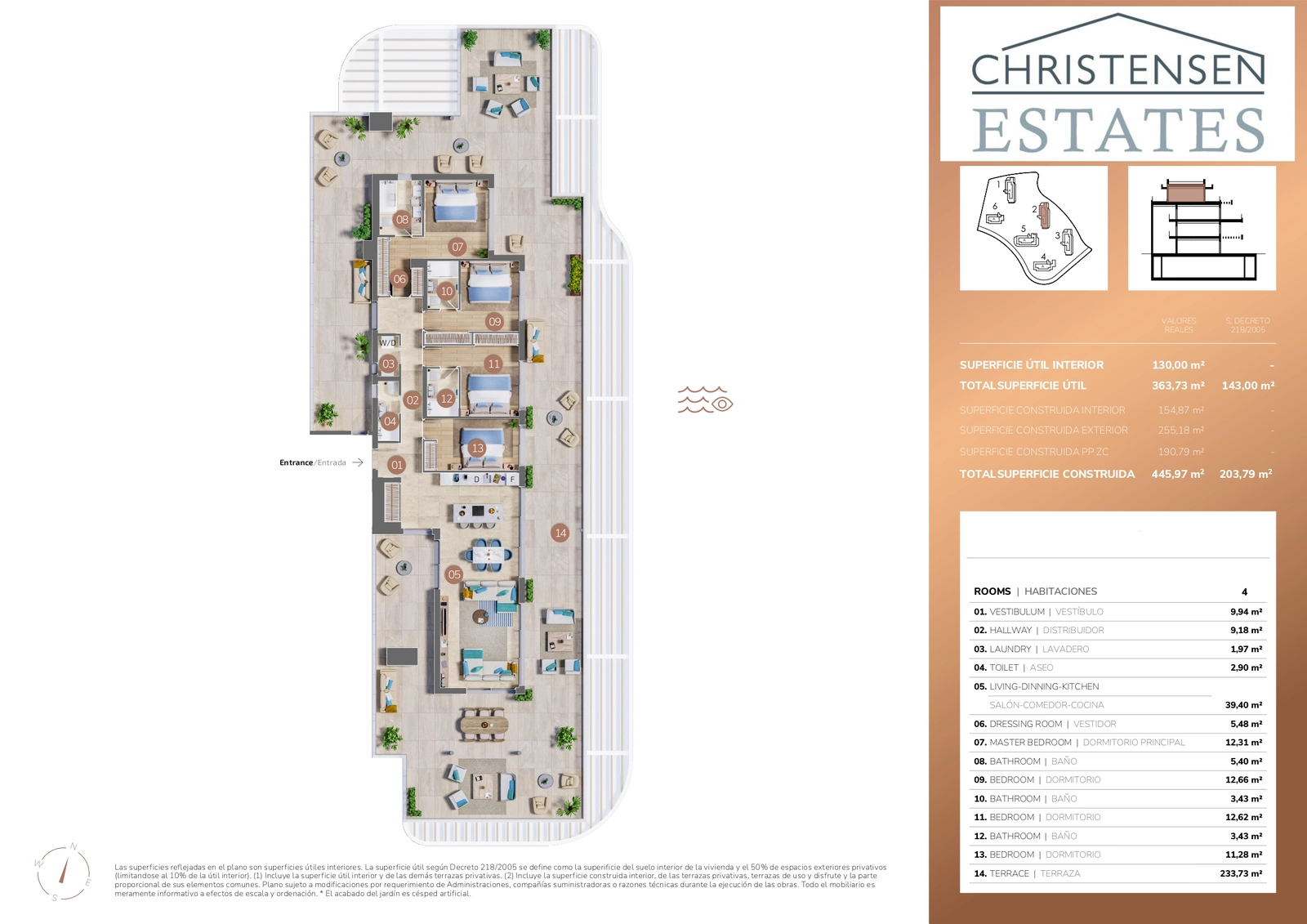 Als Höhepunkt des Designs bietet diese Wohnung mit vier Schlafzimmern weitläufige Wohnbereiche und eine außergewöhnliche Terrasse, konzipiert für den ultimativen Luxus-Lebensstil.