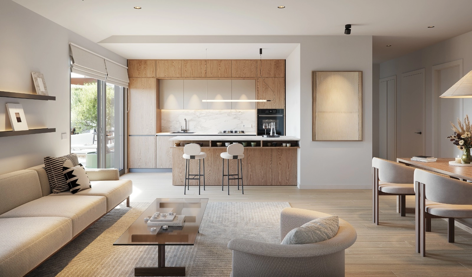 Der offene Küchen- und Wohnbereich schafft einen nahtlosen Übergang für modernes Wohnen und Unterhalten.