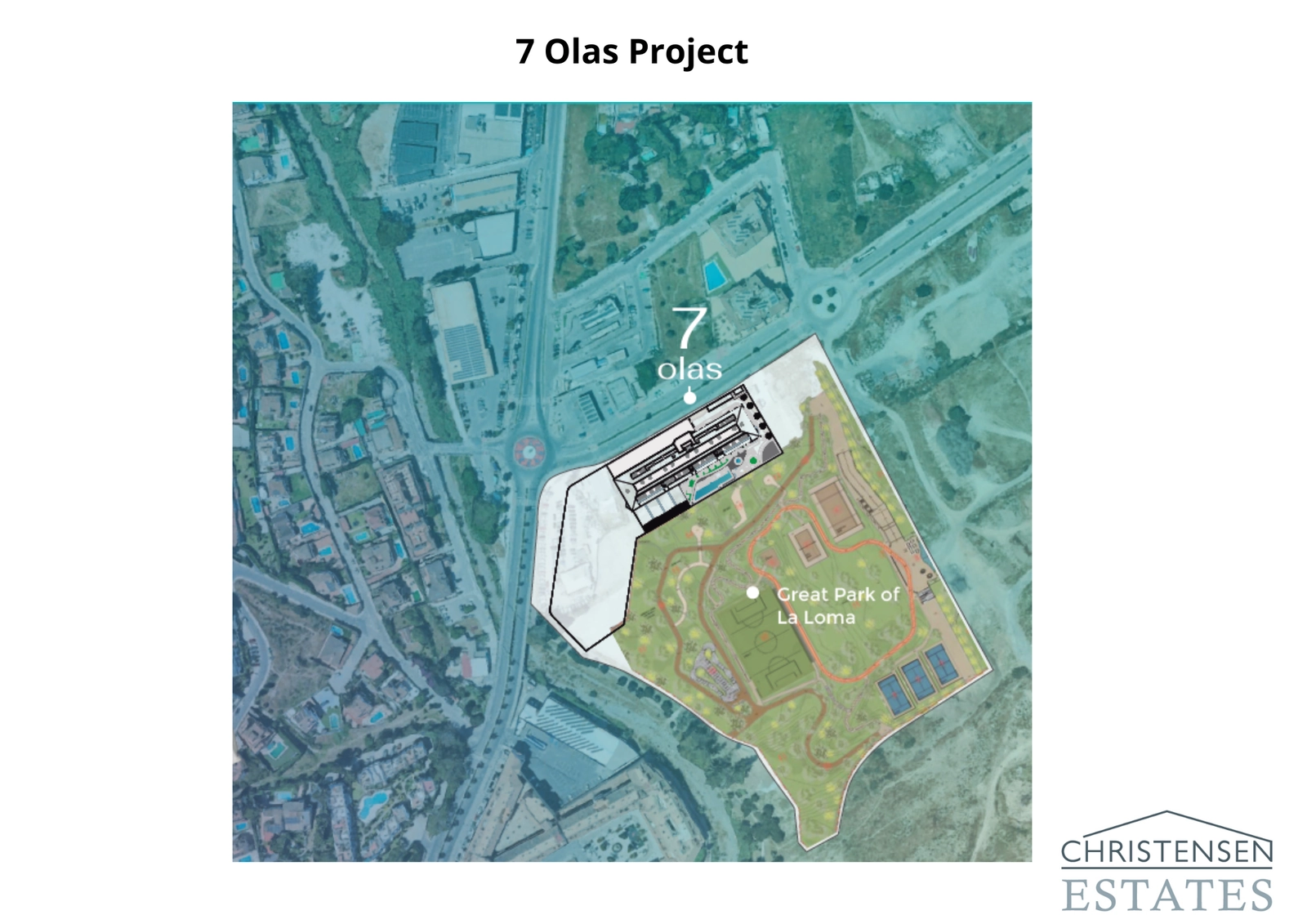 Lageplan, der die erstklassige Lage der Anlage neben dem weitläufigen Großen Park von La Loma zeigt.