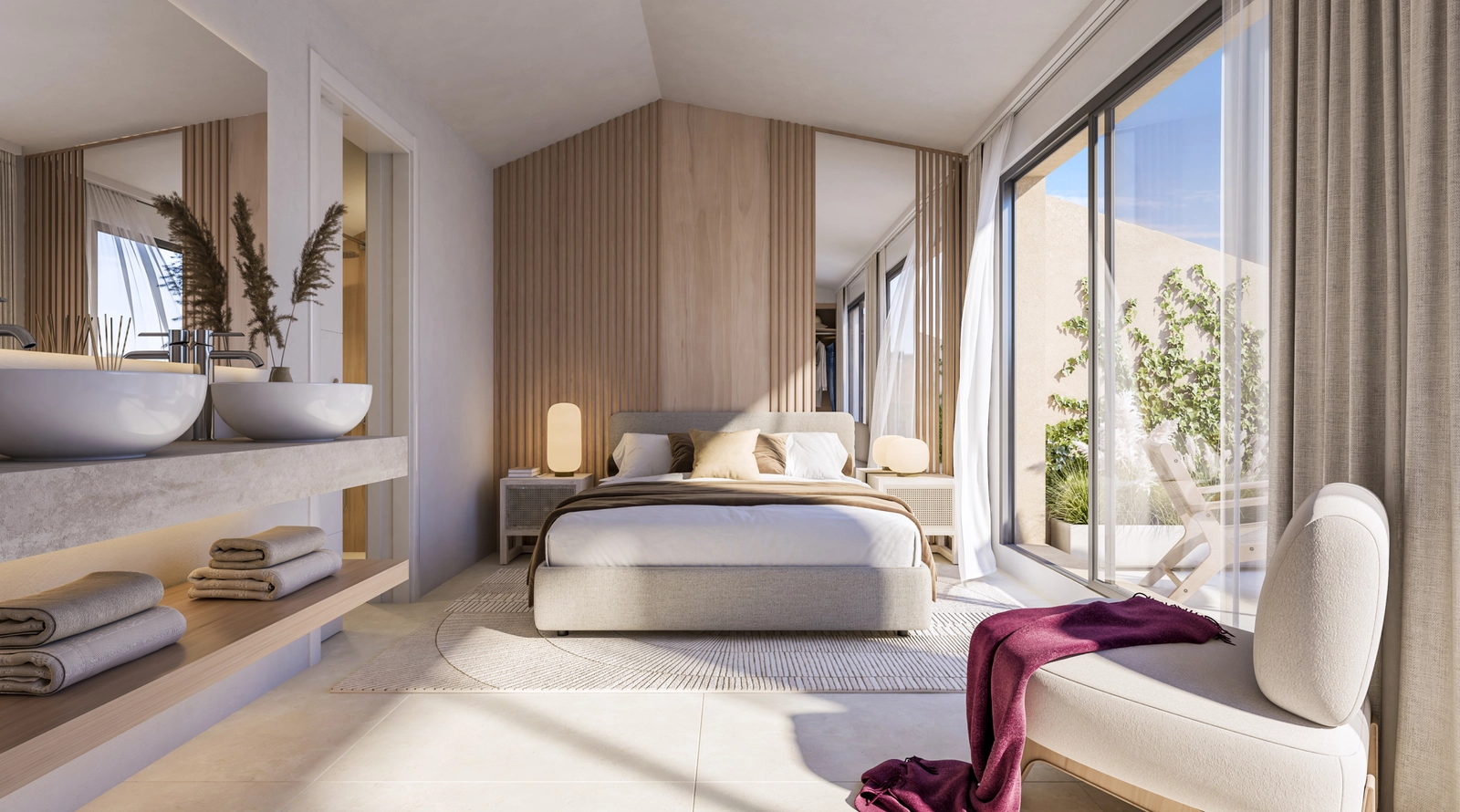 Die Master-Suite, ein friedlicher Rückzugsort mit offenem Badezimmer und direktem Zugang zu einer privaten Terrasse.