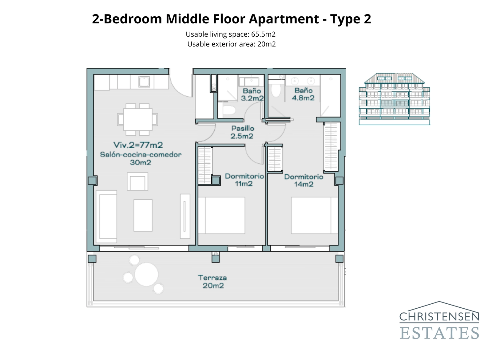 Ein effizienter Zweizimmer-Grundriss, der Raum und Licht maximiert, mit einem offenen Wohnzimmer und direktem Zugang zu einer privaten Terrasse.