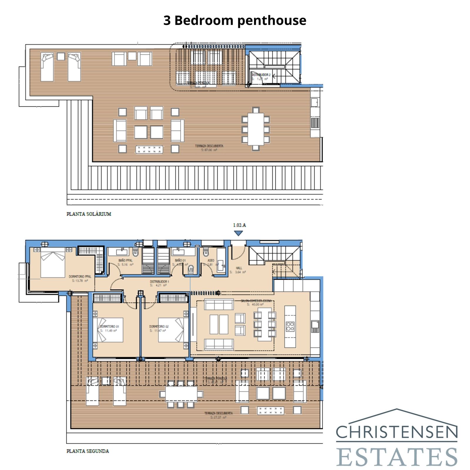 Dieser Grundriss eines 3-Schlafzimmer-Penthouses umfasst ein großes Solarium, das ein exklusives Wohnerlebnis auf dem Dach mit Panoramablick bietet.