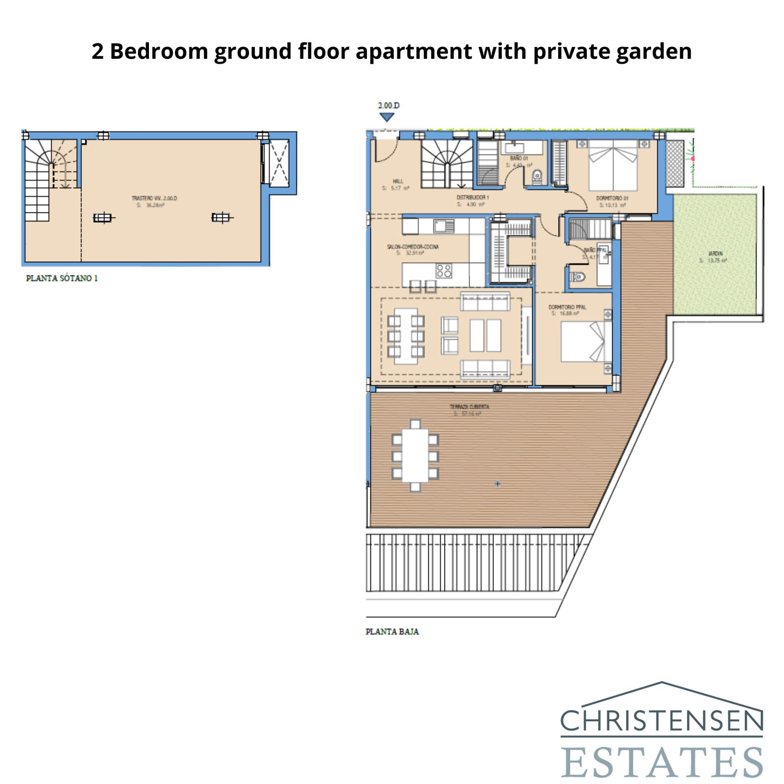 Ein durchdacht gestalteter Grundriss einer 2-Schlafzimmer-Erdgeschosswohnung mit privatem Garten für einen nahtlosen Innen- und Außenbereich.