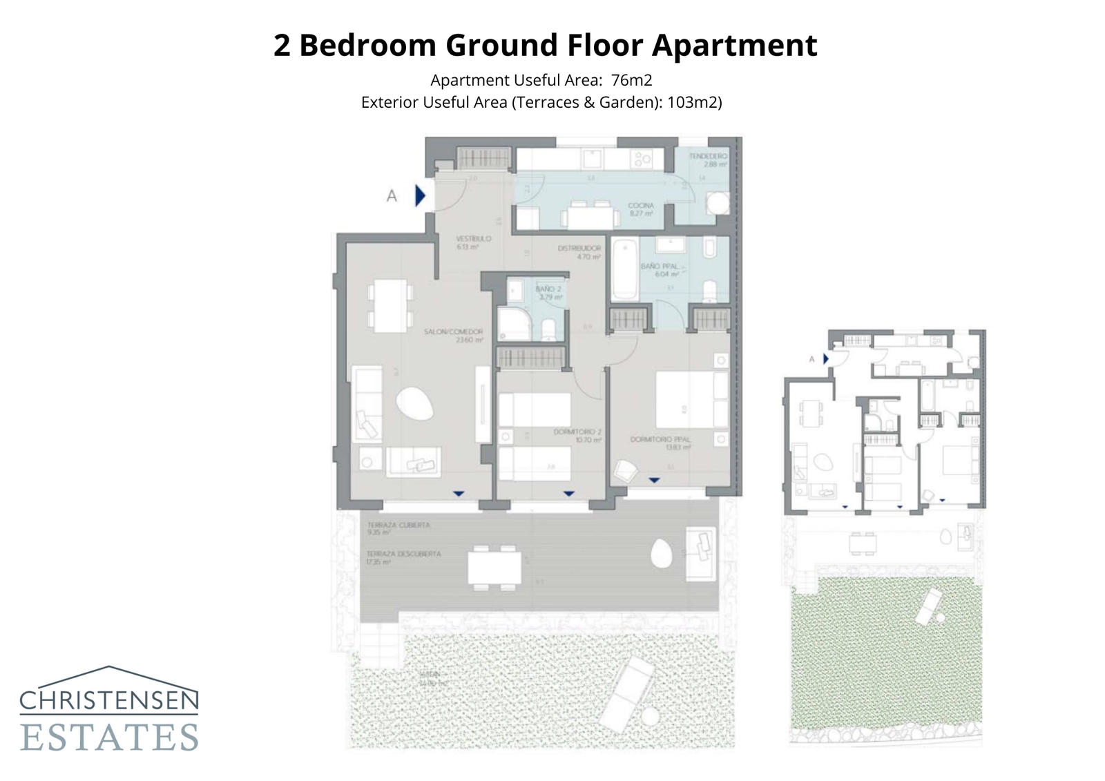 Der Grundriss dieser Erdgeschosswohnung mit zwei Schlafzimmern umfasst einen großzügigen Garten und eine Terrasse, die den Wohnraum nach draußen erweitern.