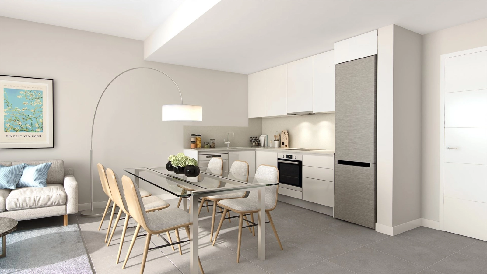 Eine moderne, voll ausgestattete Küche fügt sich perfekt in den Essbereich ein und bildet das soziale und funktionale Herz des Hauses.