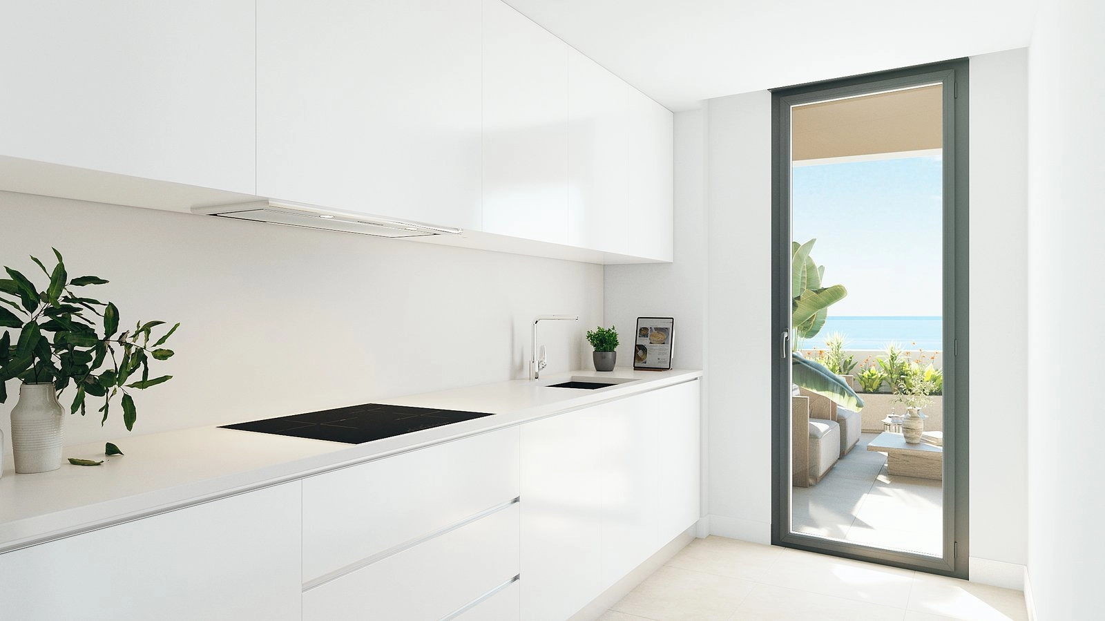 Eine helle, moderne Küche, ausgestattet mit hochwertigen Geräten, die sich zur Terrasse hin öffnet und einen Lebensstil im Innen- und Außenbereich ermöglicht.