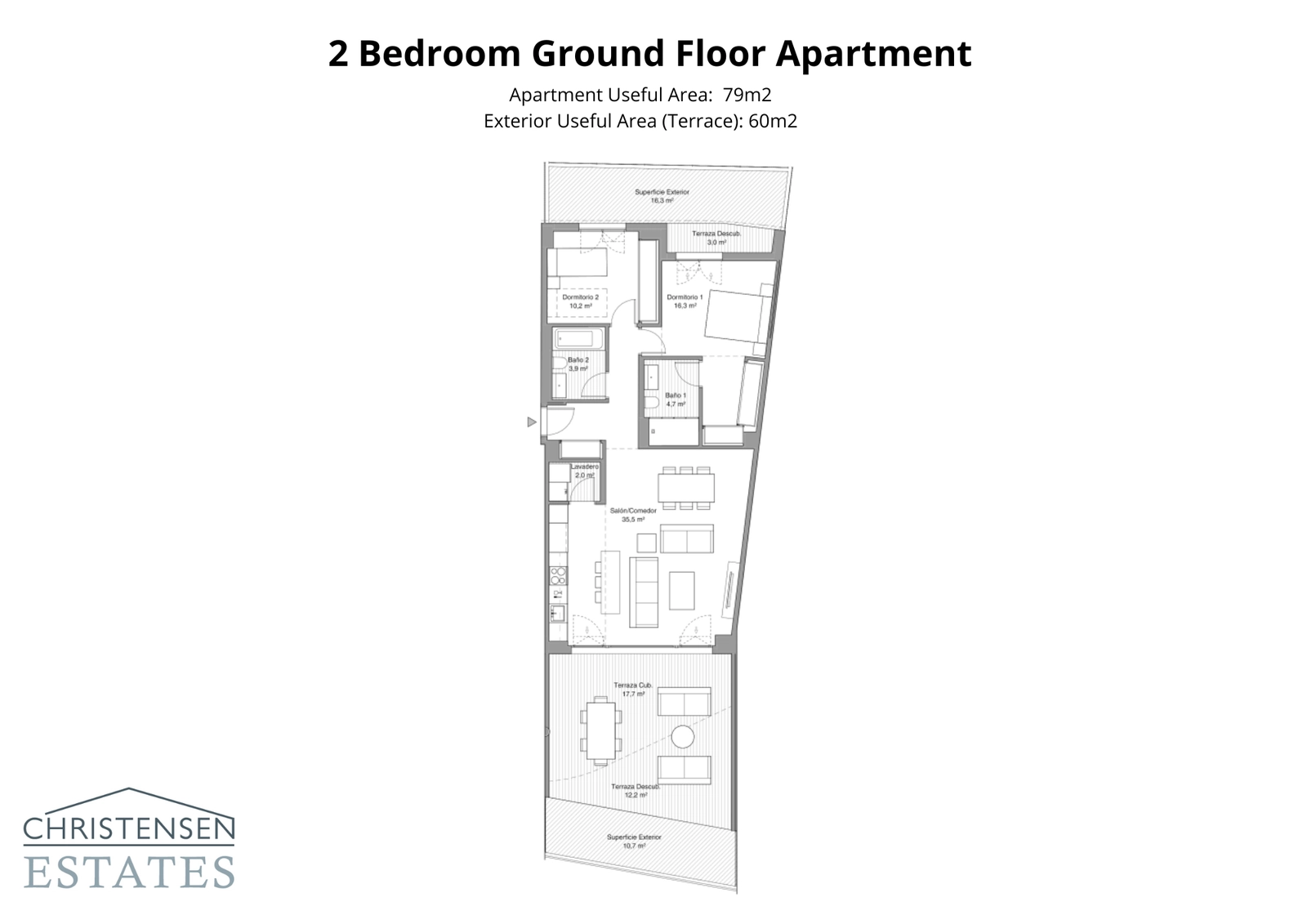 Diese Erdgeschosswohnung mit zwei Schlafzimmern bietet eine intelligente Raumaufteilung mit zwei separaten Terrassen, die den Wohnraum ins Freie erweitern.
