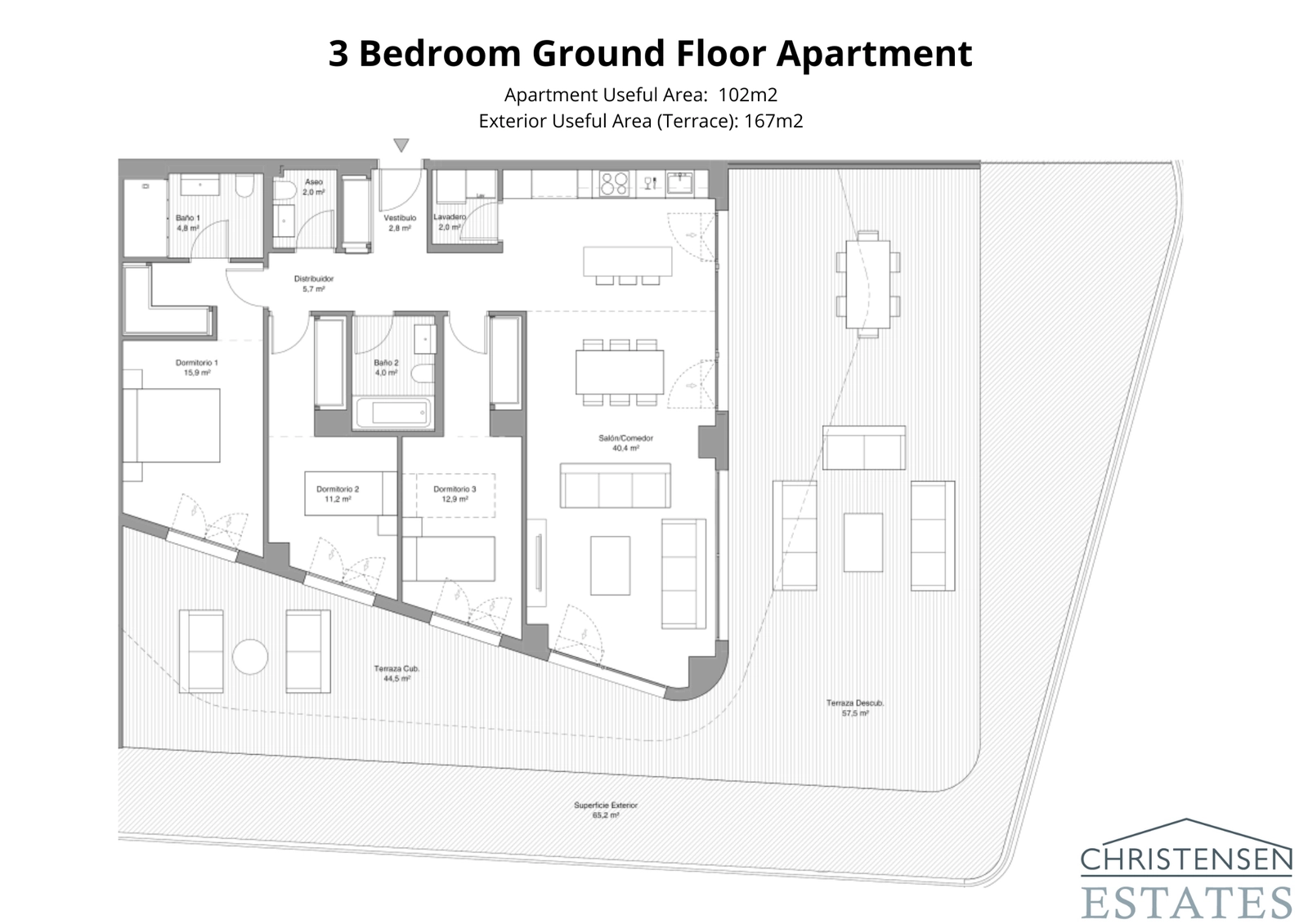 Die geräumige Erdgeschossresidenz mit drei Schlafzimmern bietet eine großzügige Terrasse und einen privaten Garten, perfekt für das Familienleben und zur Unterhaltung.