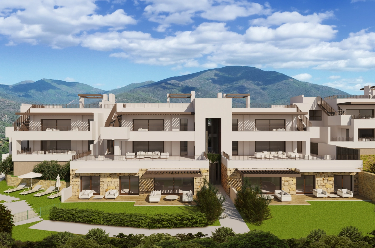 Die klaren Linien der Gebäudefassade, ergänzt durch üppige, angelegte Gartenanlagen für die Bewohner.