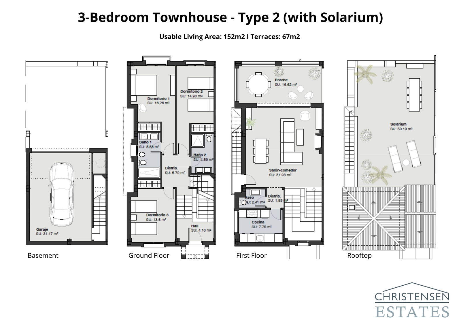 Ein hervorragender vierstöckiger Hausgrundriss, inklusive Tiefgarage, drei Schlafzimmern, einem offenen Wohnbereich und einer großen Dachterrasse (Solarium), perfekt, um die Sonne und die Aussicht zu genießen.