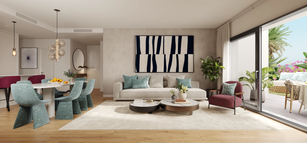 Das elegante Wohnzimmer ist für Komfort und Stil konzipiert, mit großen Fenstern, die viel Tageslicht hereinlassen.