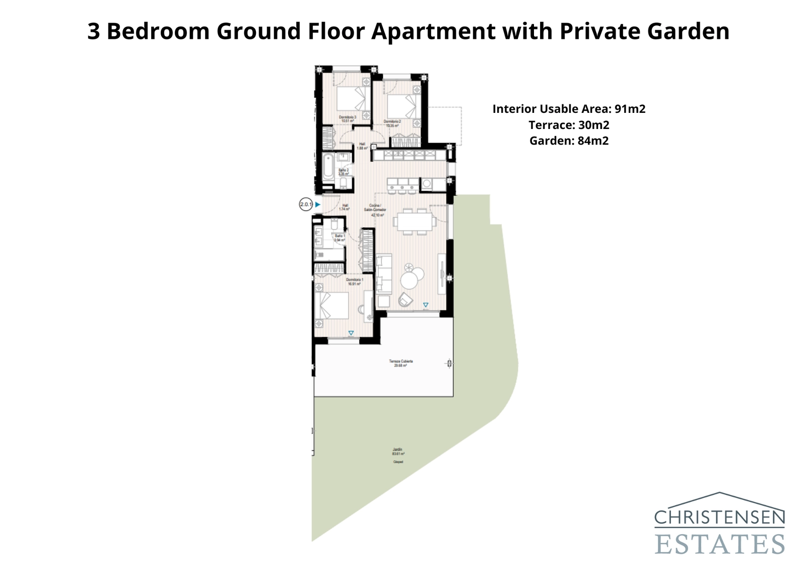 Dieser Grundriss einer Erdgeschosswohnung mit drei Schlafzimmern zeigt eine nahtlose Verbindung zwischen dem geräumigen Interieur und einem großen privaten Garten, perfekt für das Familienleben.