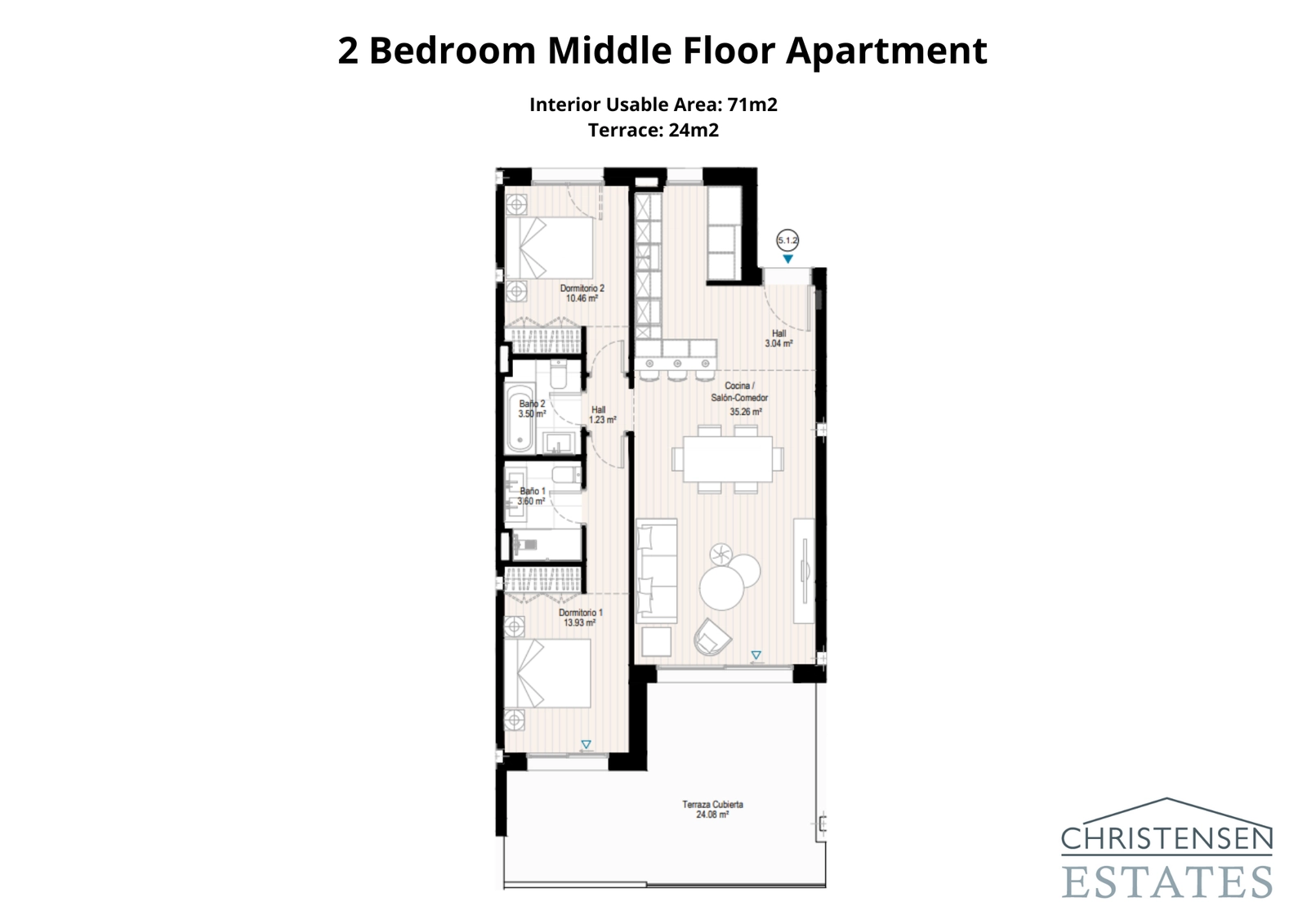 Ein intelligentes Design mit zwei Schlafzimmern und einem offenen Wohnbereich, der sich auf eine großzügige überdachte Terrasse für ganzjährigen Genuss erstreckt.