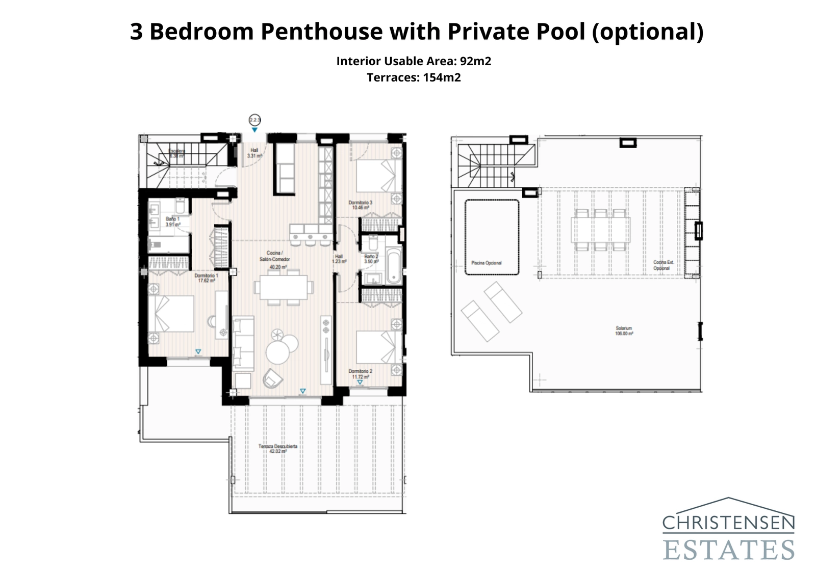 Die Dachgeschosswohnung mit drei Schlafzimmern bietet außergewöhnliches Wohnen mit einem weitläufigen Dachsolarium und optionalem Privat-Schwimmbad für den ultimativen Luxus-Lebensstil.