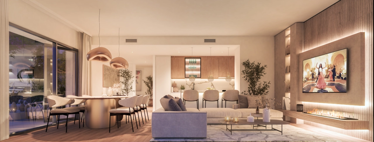 Der Wohnbereich am Abend, ein warmer und einladender Raum für Komfort und Entspannung.