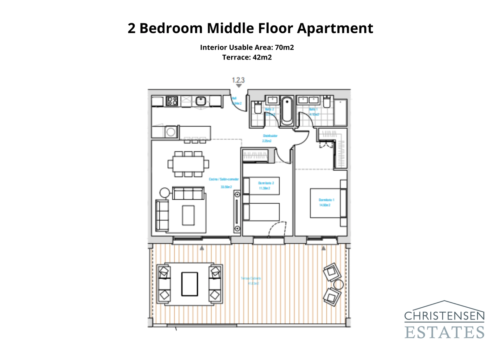 Eine intelligent gestaltete Zweizimmer-Wohnung mit offenem Wohnbereich, der sich auf eine großzügige Terrasse erstreckt.