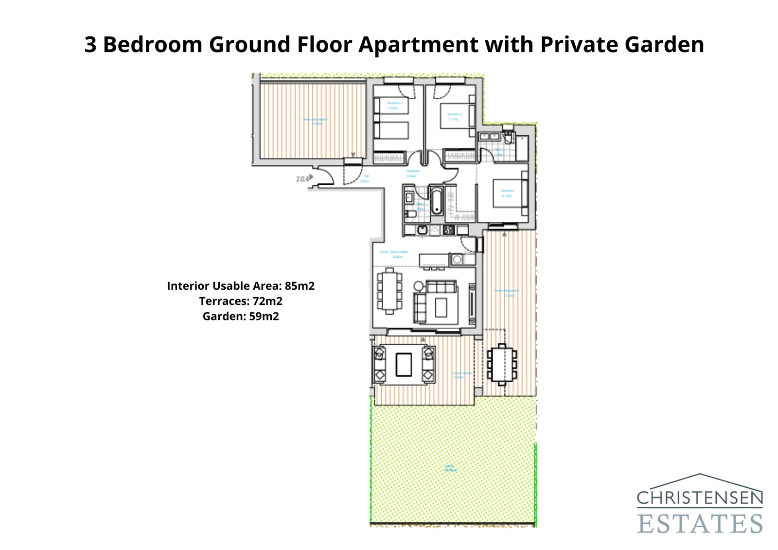 Der geräumige Dreizimmer-Erdgeschossgrundriss bietet viel Wohnraum, einen großen privaten Garten und mehrere Terrassen für die ganze Familie.