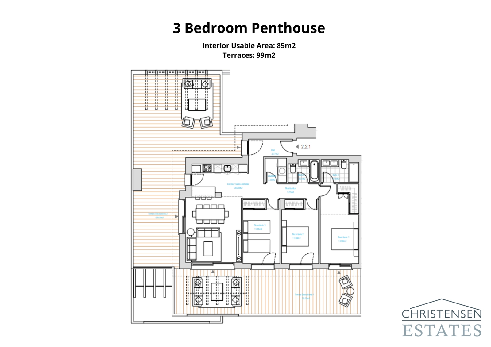 Dieser außergewöhnliche Dreizimmer-Dachgeschosswohnungs-Grundriss umfasst weitläufige umlaufende Terrassen, um den atemberaubenden Meer- und Golfblick optimal zu nutzen.