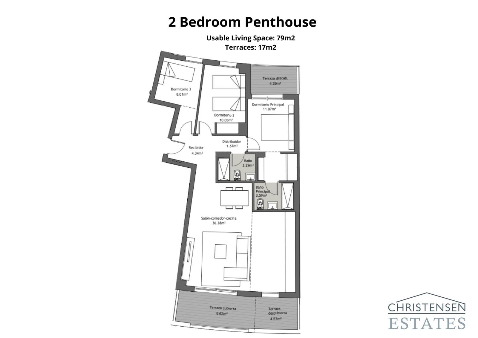 Ein Zweizimmer-Dachgeschosswohnungsgrundriss, konzipiert für einen gehobenen Lebensstil, mit großzügigen Wohnflächen und mehreren Terrassen, um das angenehme Klima der Costa del Sol zu genießen.