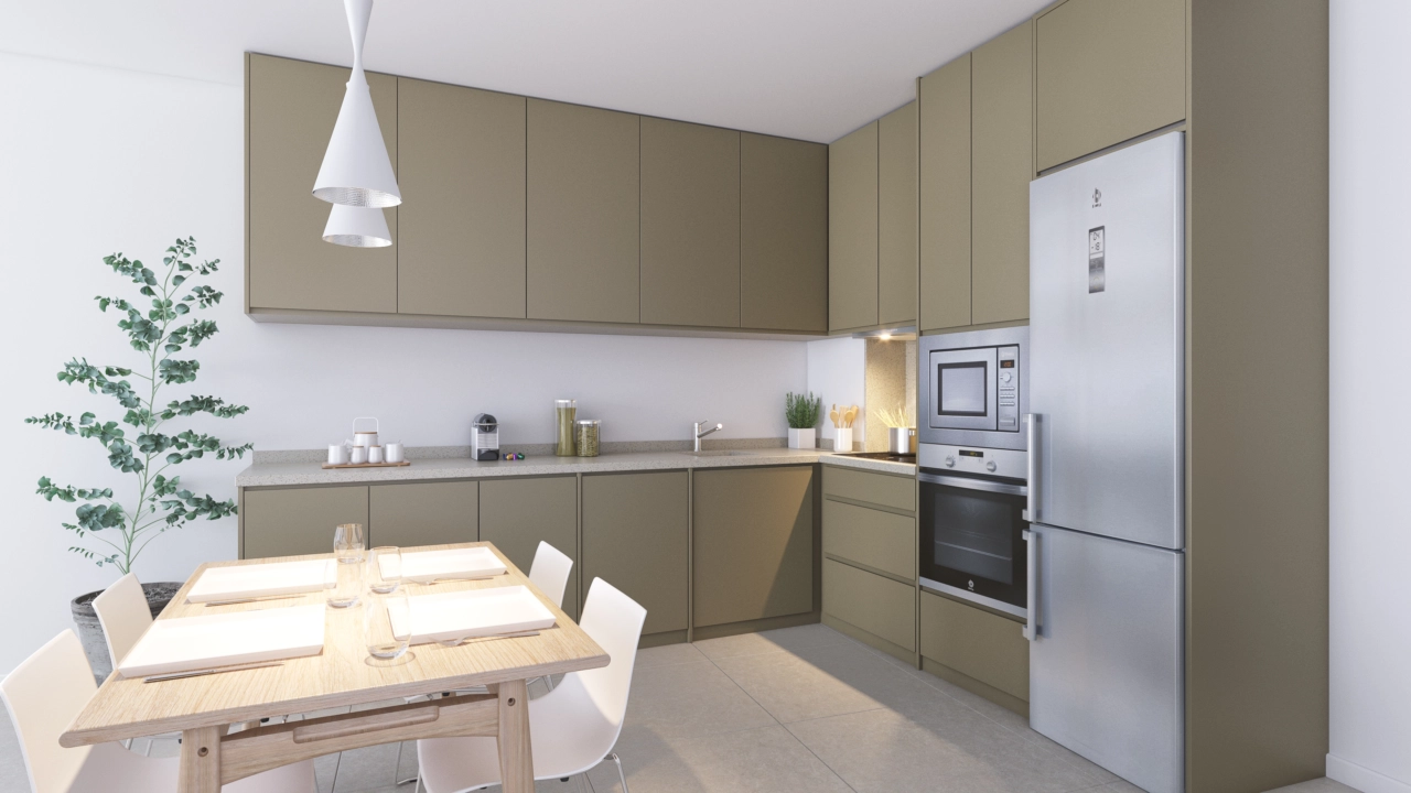 Eine voll ausgestattete, moderne Küche mit hochwertigen Geräten und stilvollen Oberflächen, bereit für Sie.