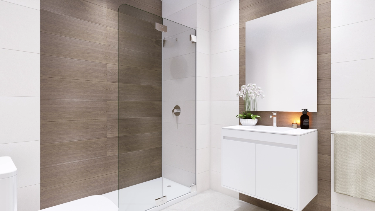 Ein elegantes und modernes Badezimmer mit hochwertigen Materialien und einem klaren, eleganten Design.