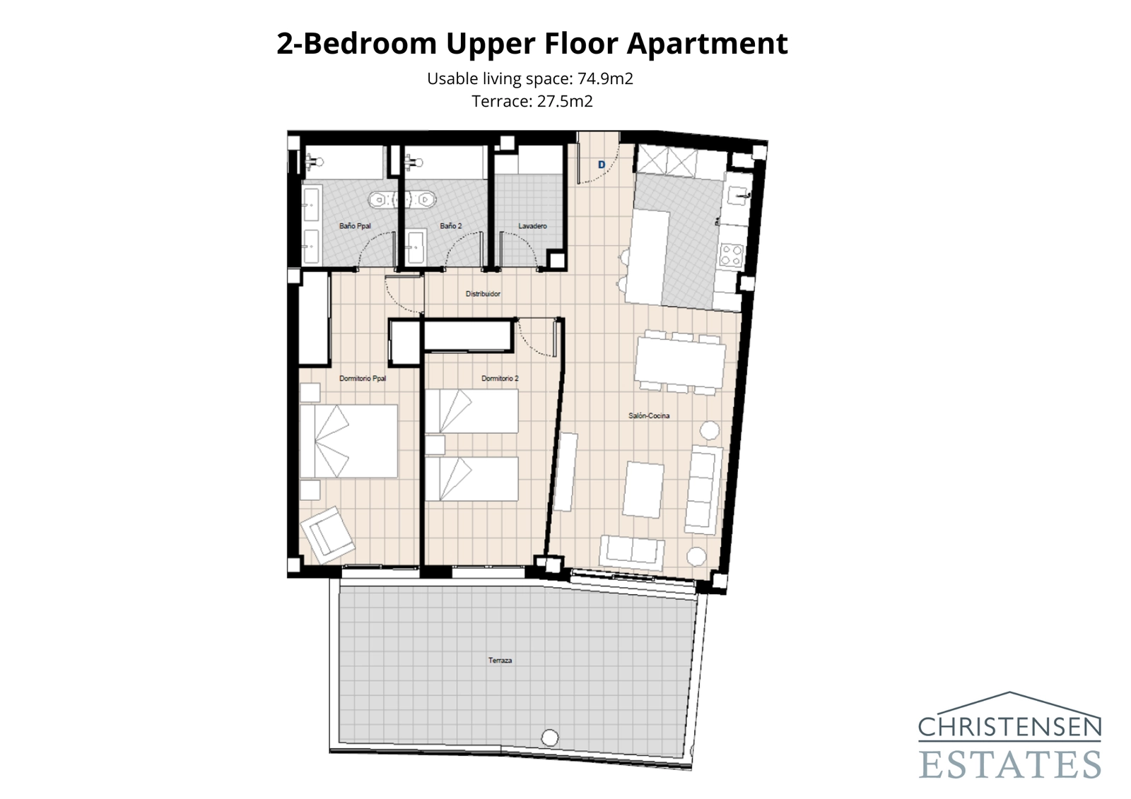 Der gut durchdachte Grundriss dieser Zweizimmer-Obergeschosswohnung maximiert den Raum und bietet atemberaubende Ausblicke von der Terrasse.