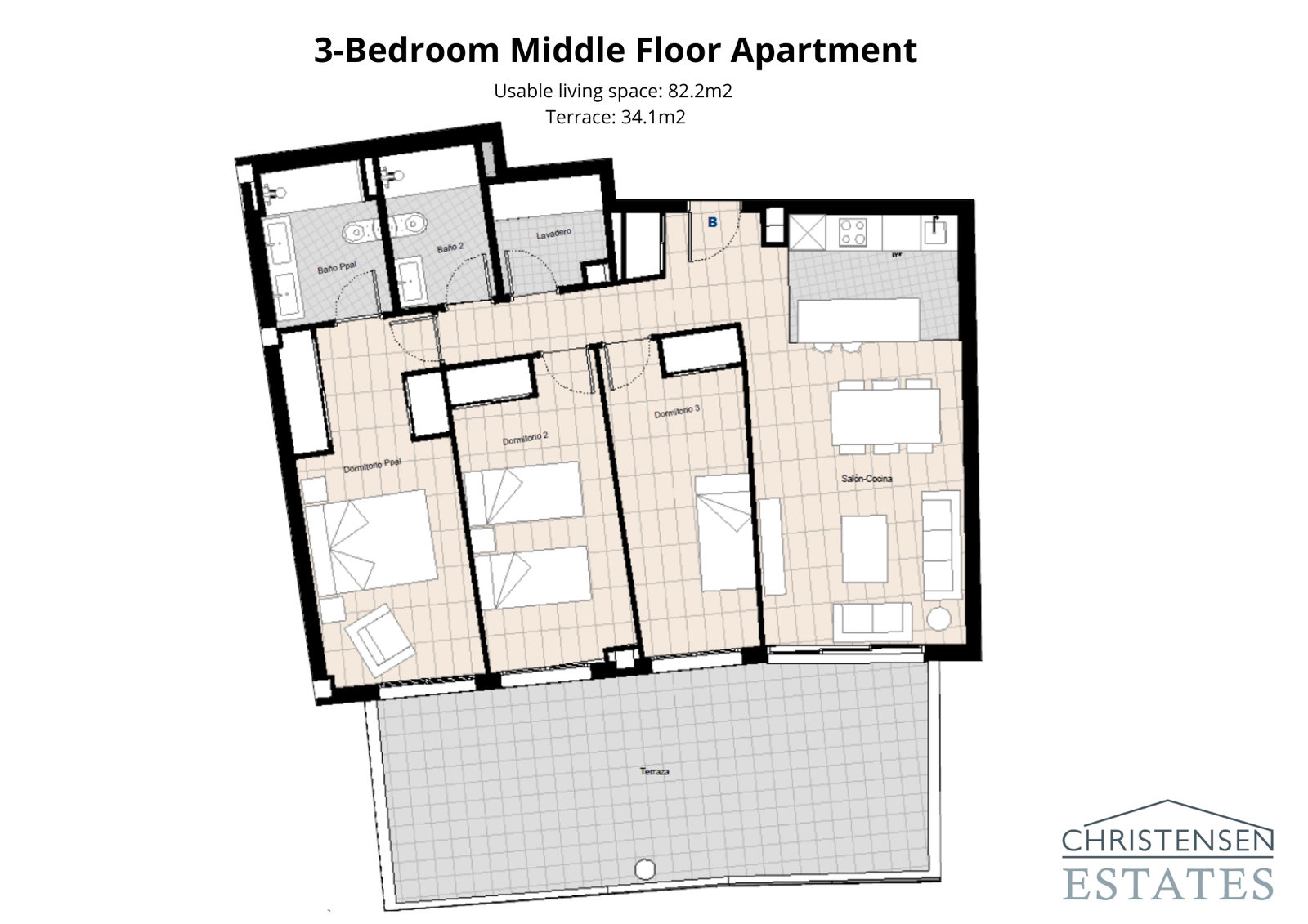 Diese Dreizimmer-Wohnung in der mittleren Etage bietet einen geräumigen und praktischen Grundriss mit einer großzügigen Terrasse, um das Klima zu genießen.