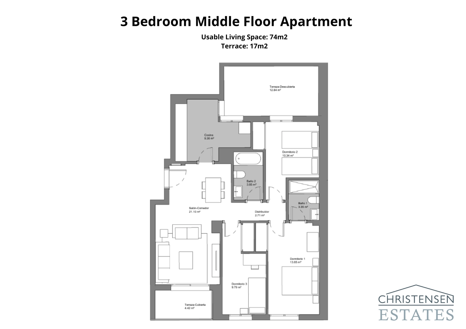 Eine geräumige Wohnung mit drei Schlafzimmern, ideal für Familien, mit großzügigen Wohnbereichen und zwei Terrassen.