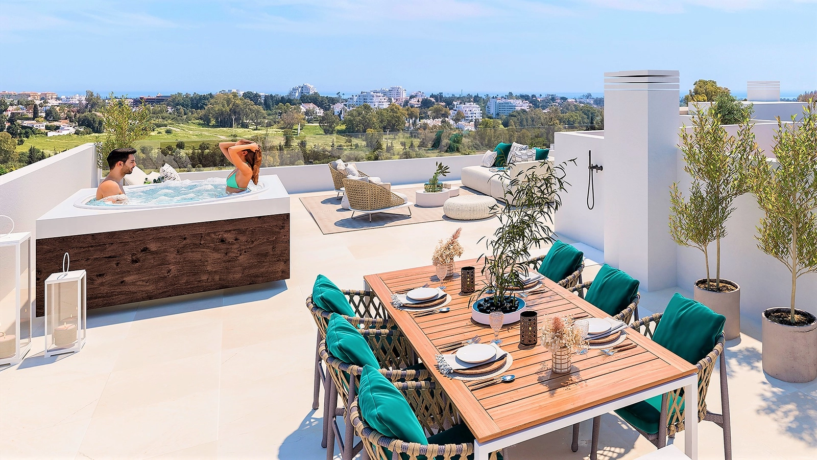 Die großzügige Dachterrasse, ein idealer Ort zum Unterhalten oder Entspannen mit wunderschönem Blick über die Costa del Sol.