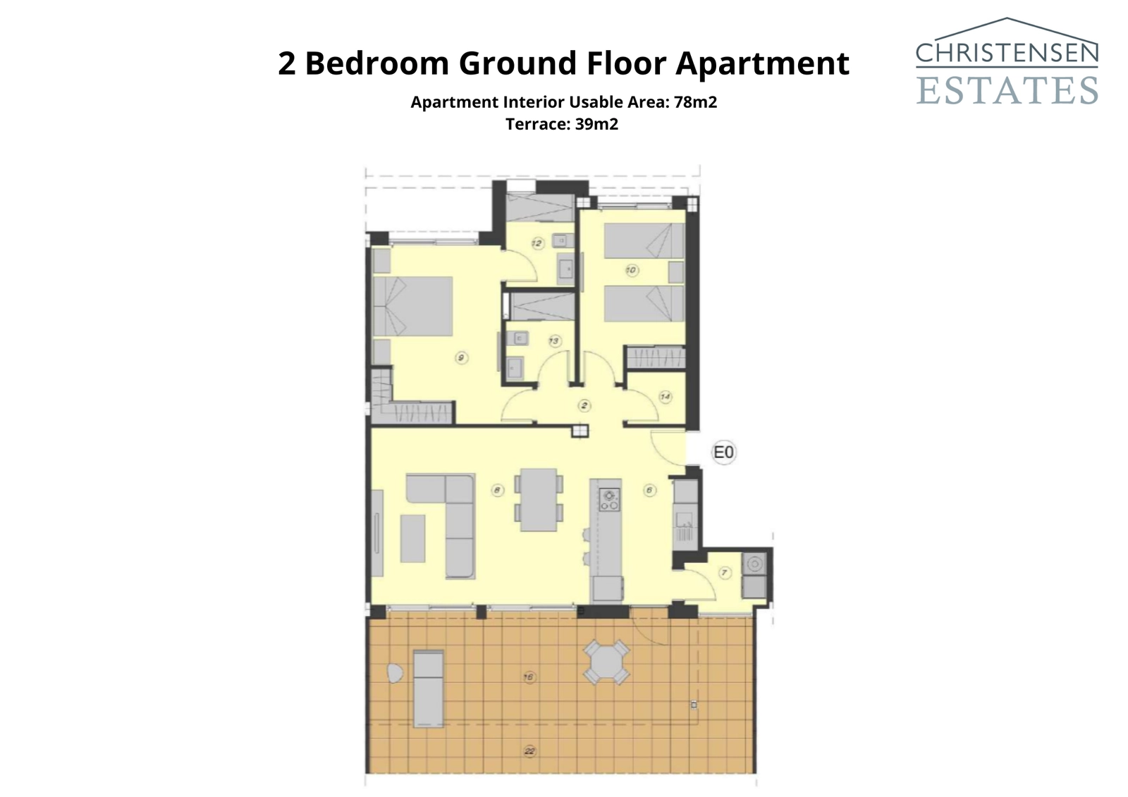 Der Grundriss für eine Zwei-Schlafzimmer-Erdgeschosswohnung, für Komfort konzipiert, mit einem offenen Wohnbereich und einer geräumigen privaten Terrasse.