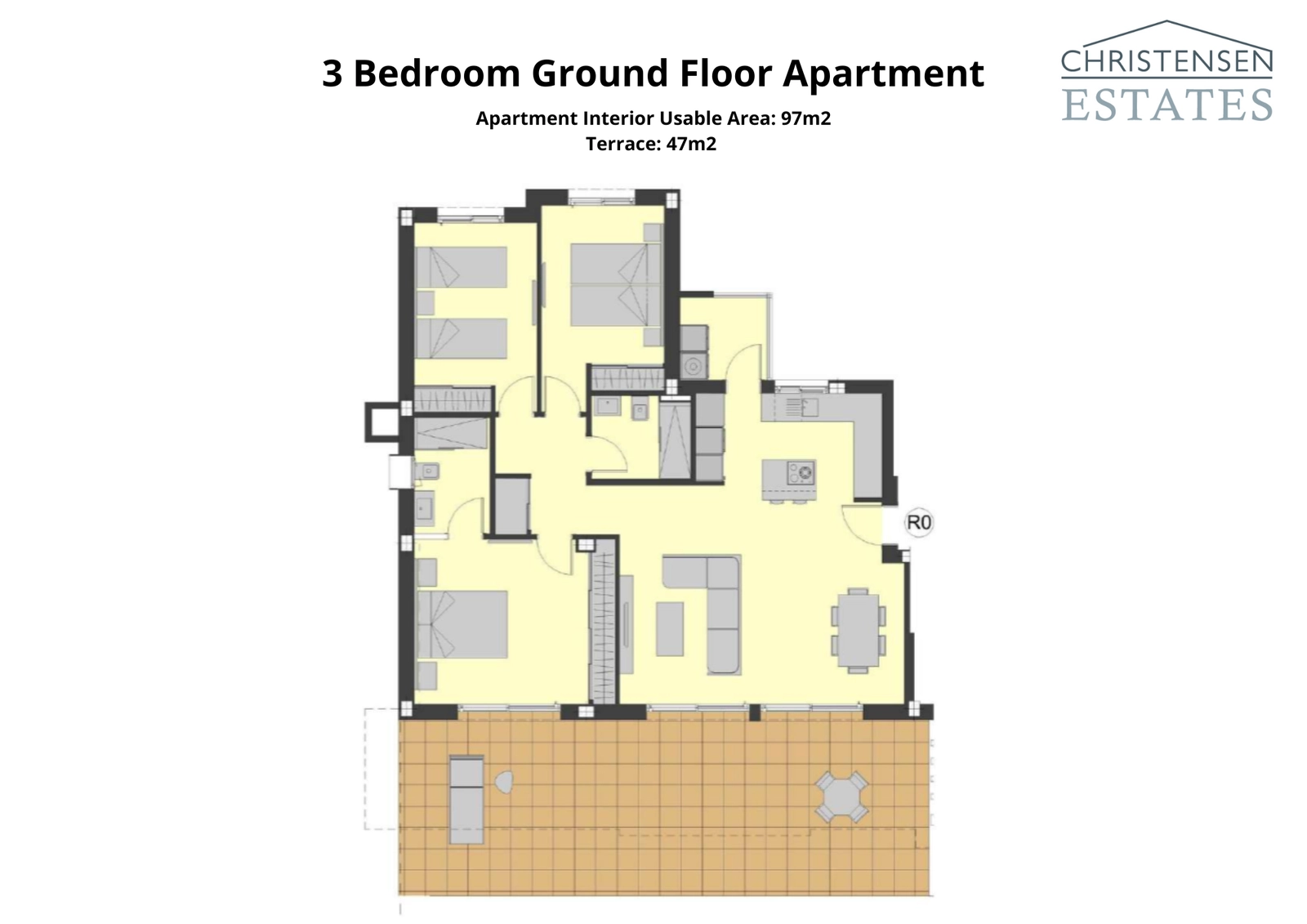 Ein geräumiger Grundriss für eine Drei-Schlafzimmer-Erdgeschosswohnung mit großzügigen Innenbereichen, die sich auf eine große Terrasse öffnen, für einen hervorragenden Wohnstil, der Innen- und Außenbereiche verbindet.