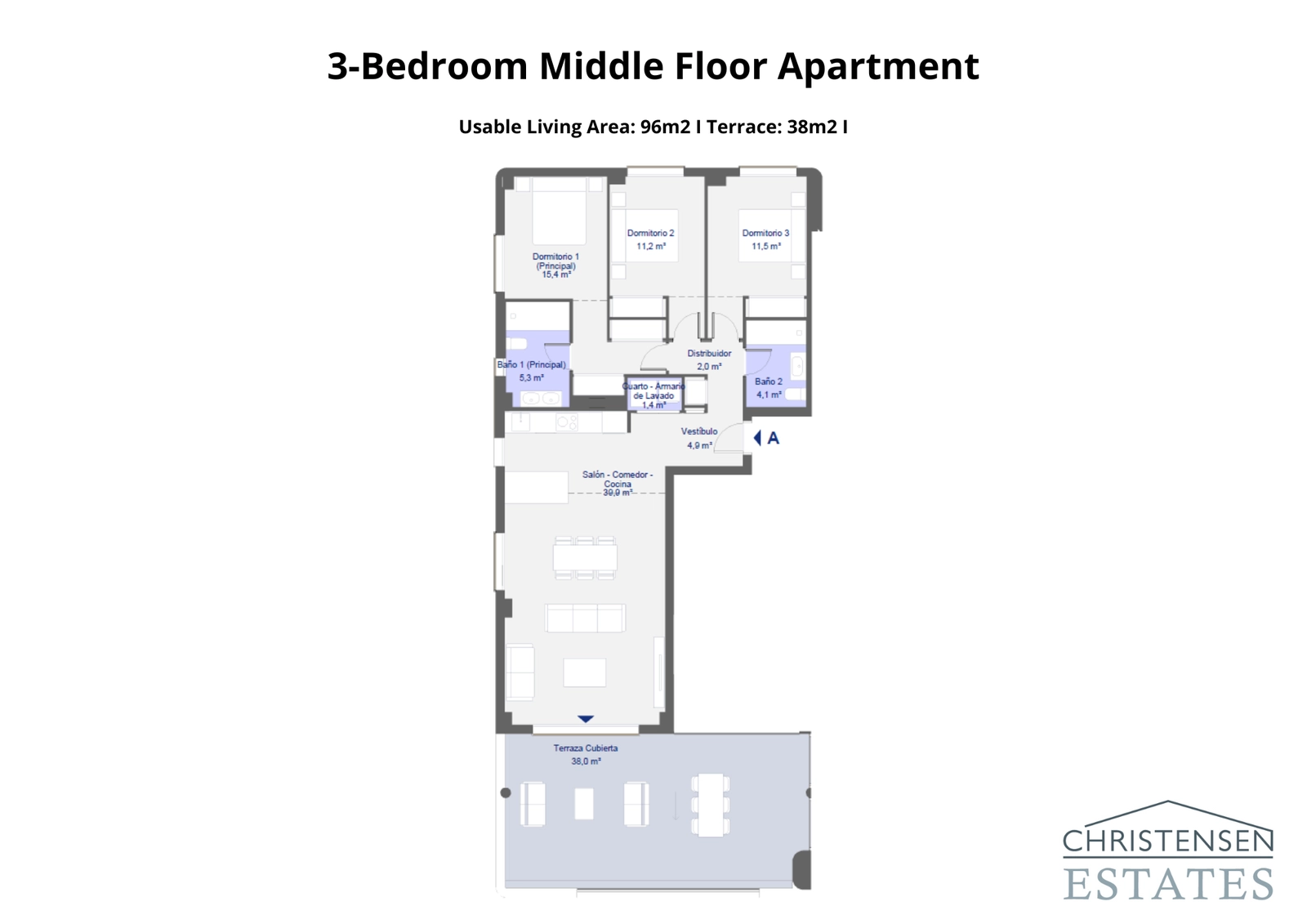 Der gut proportionierte Grundriss der Wohnung mit drei Schlafzimmern bietet komfortable Wohnbereiche und eine großzügige überdachte Terrasse.