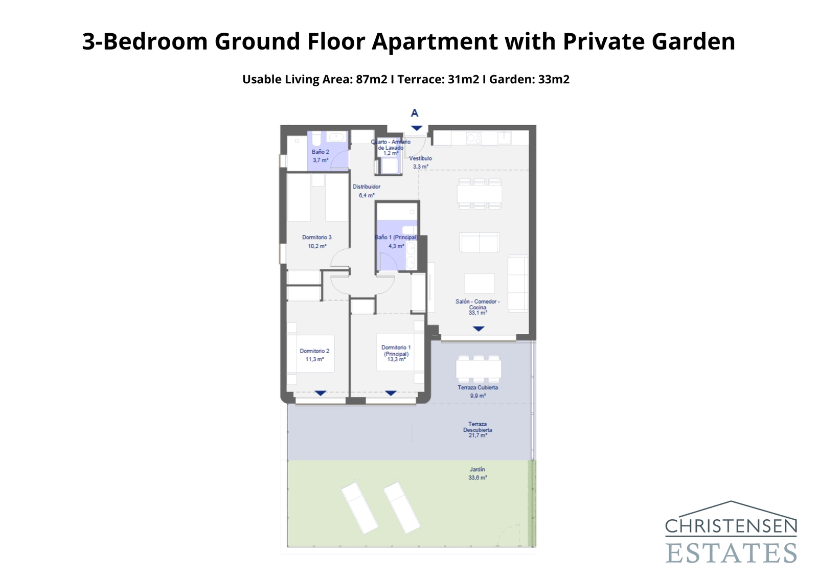 Entdecken Sie diese Erdgeschosswohnung mit drei Schlafzimmern und direktem Zugang zu einem privaten Garten und einer überdachten Terrasse.