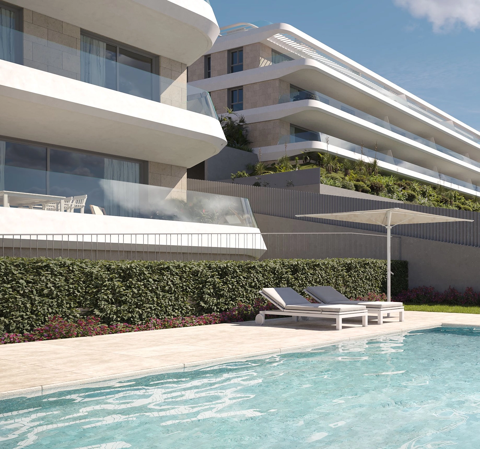 Genießen Sie entspannte Tage am Gemeinschaftspool, umgeben von üppigem Grün und modernem architektonischem Design.