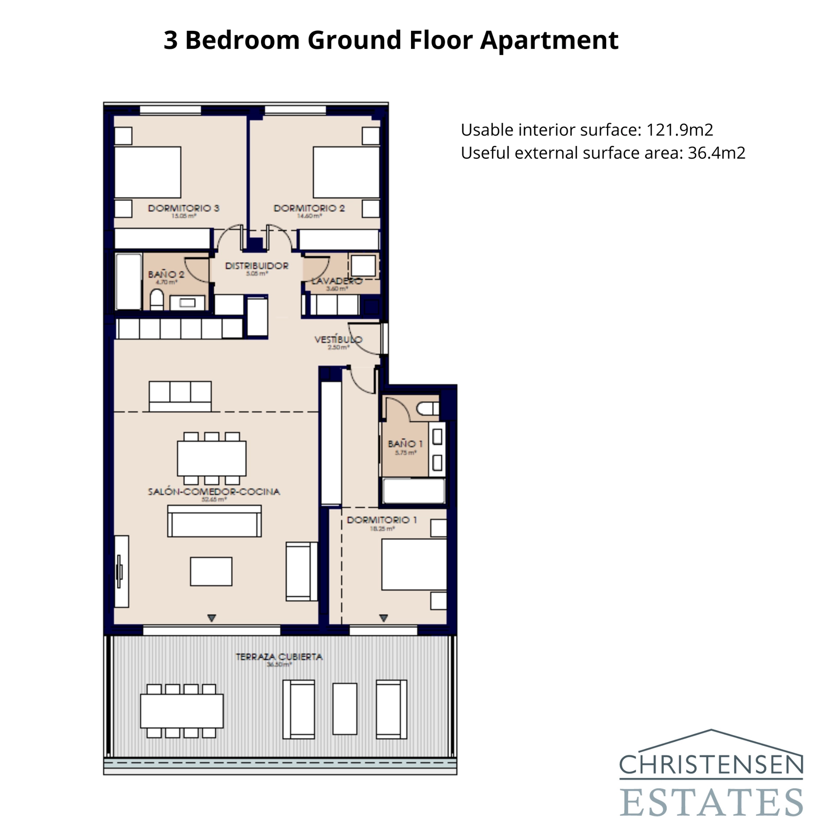 Der geräumige Grundriss einer Erdgeschosswohnung mit drei Schlafzimmern bietet eine großzügige überdachte Terrasse, ideal für Familien und um das angenehme Klima der Costa del Sol zu genießen.