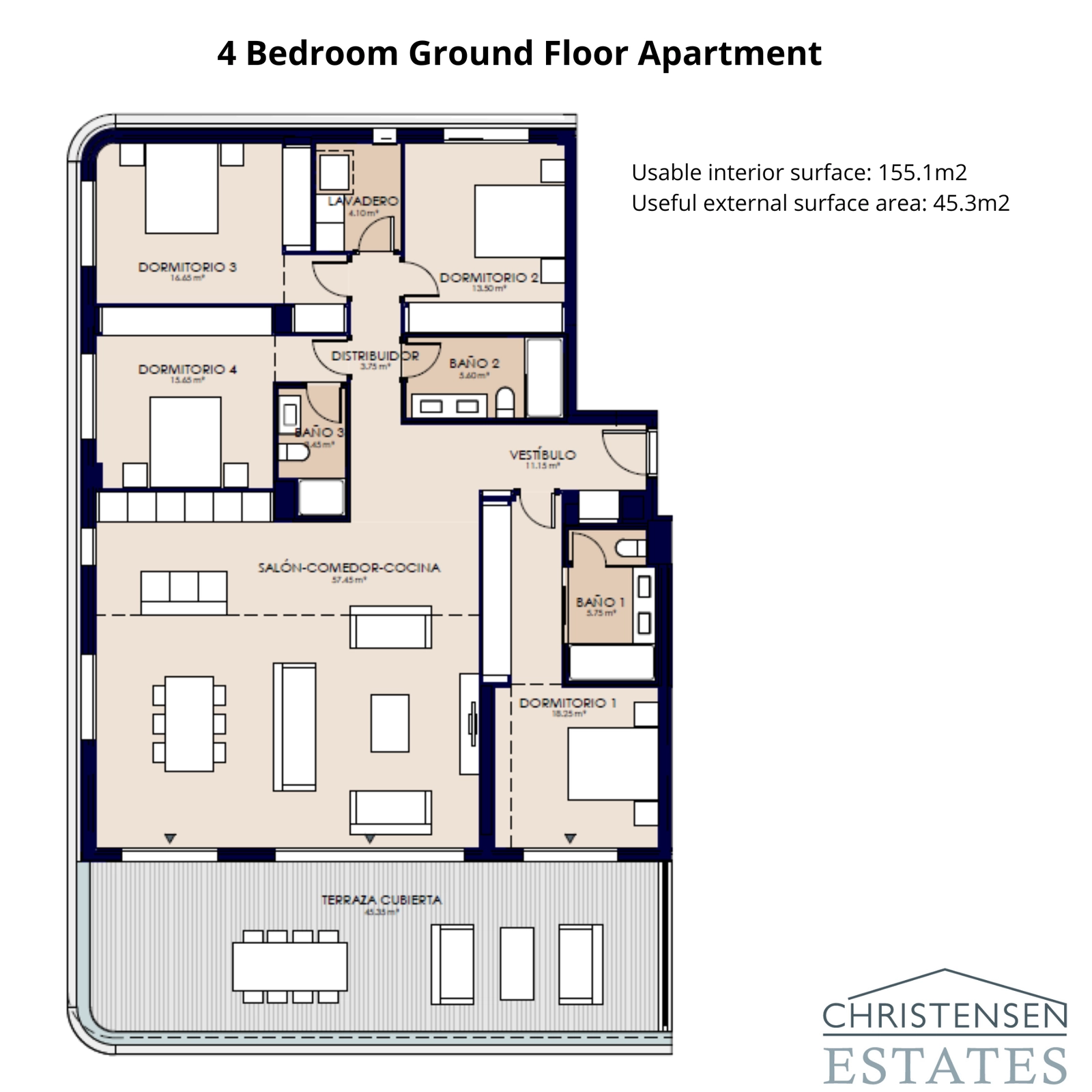 Eine gut konzipierte Erdgeschosswohnung mit vier Schlafzimmern, die weitläufige Wohnbereiche und eine große Terrasse bietet, perfekt für komfortables Wohnen und Unterhaltung.