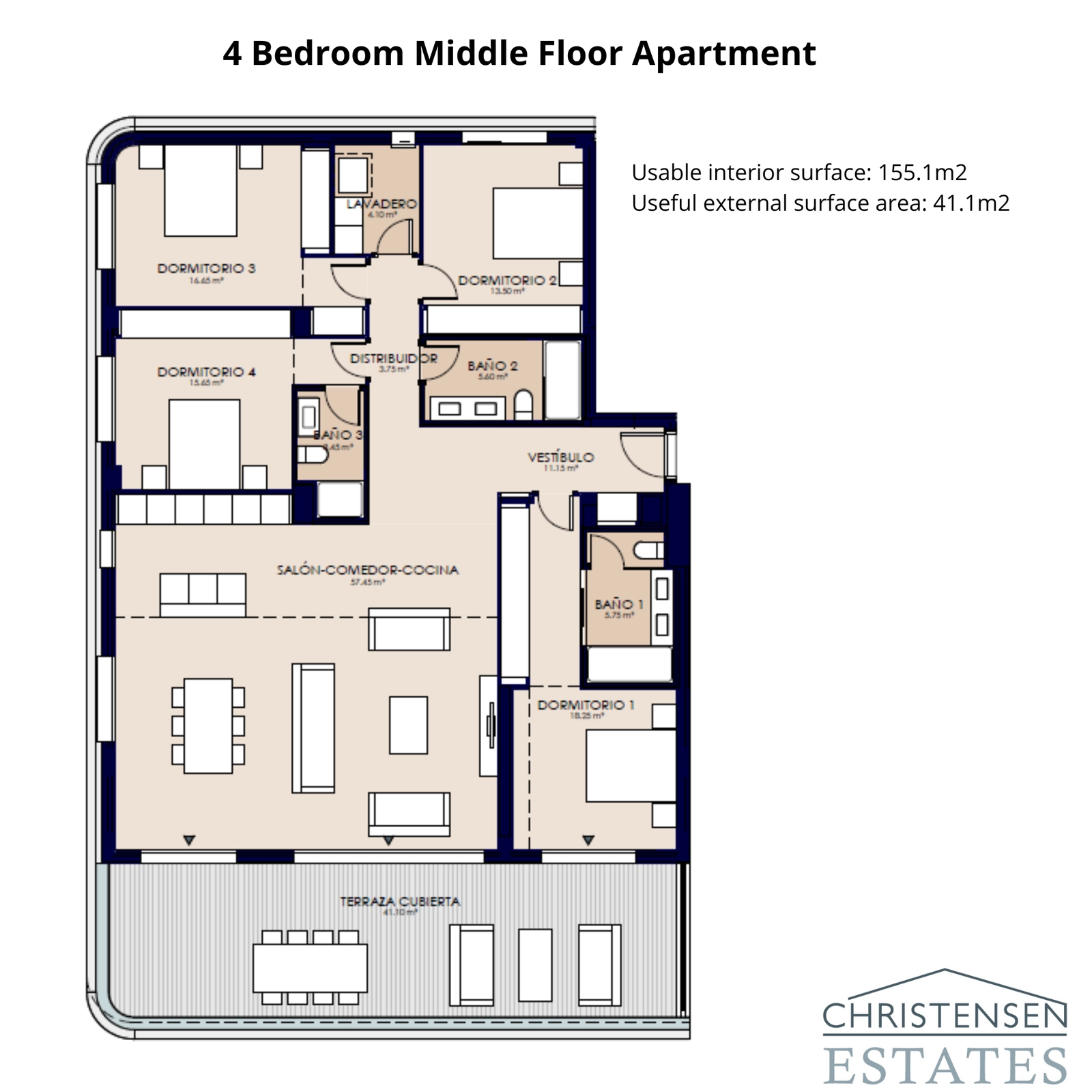 Diese Wohnung mit vier Schlafzimmern bietet einen cleveren Grundriss mit viel Platz für das Familienleben, ergänzt durch eine breite Terrasse mit schöner Aussicht.