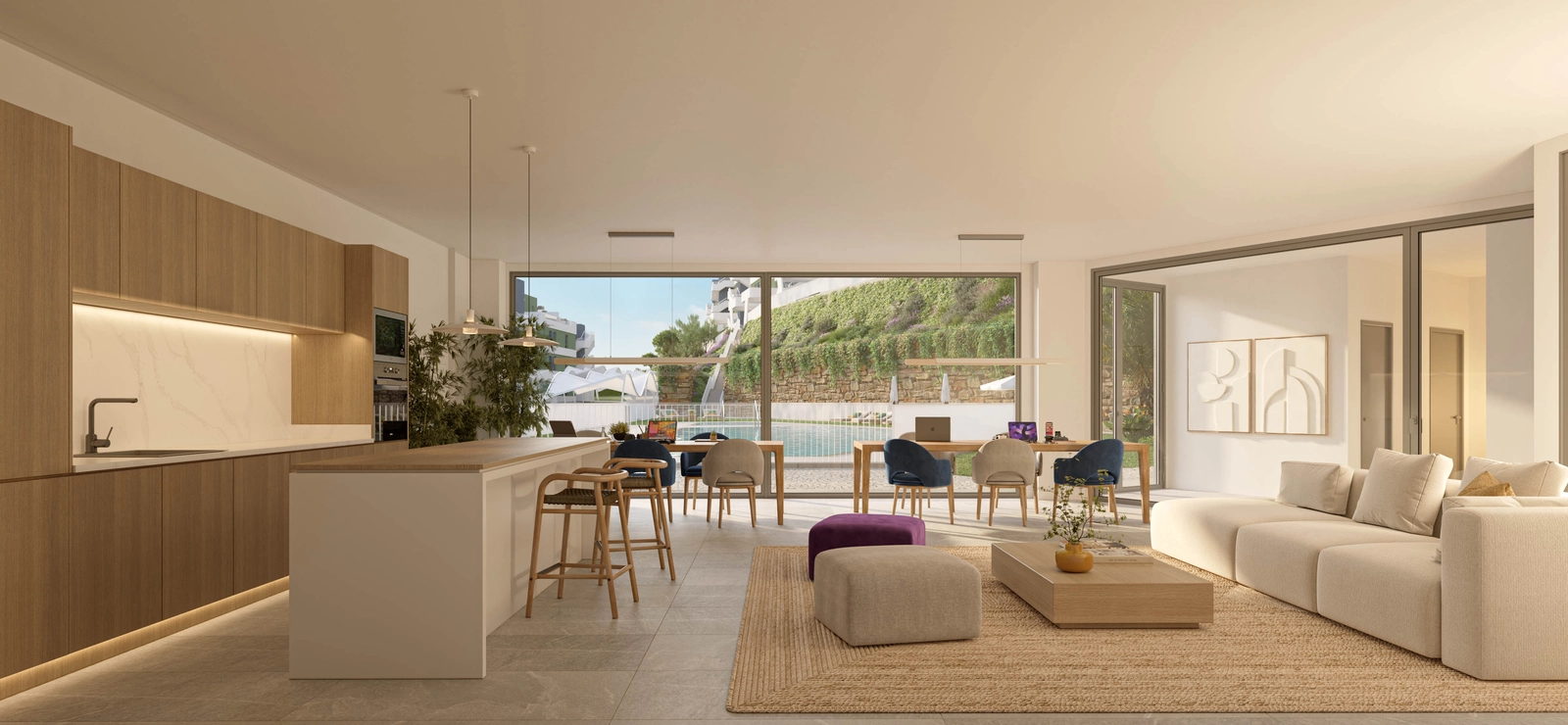 Die Co-Working-Lounge, in der Bewohner bequem arbeiten, sich treffen oder entspannen können.