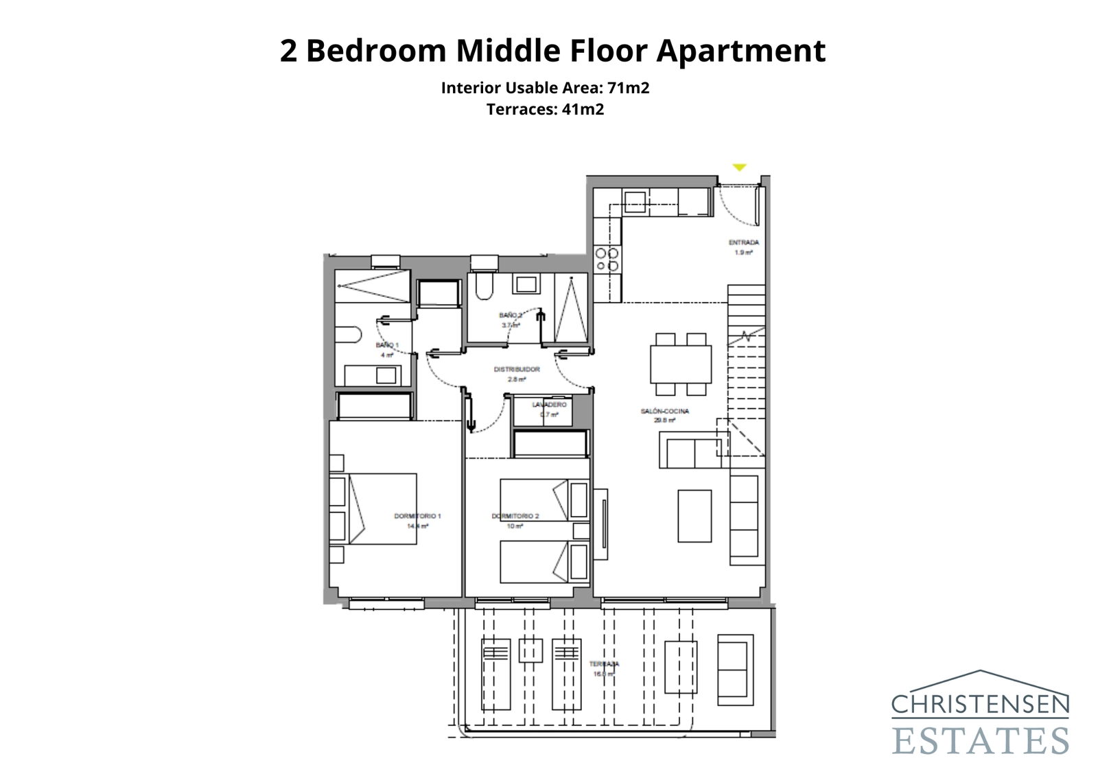 Grundriss einer Zweizimmerwohnung, auf Komfort ausgelegt mit einer großzügigen Terrasse, um das Klima der Costa del Sol zu genießen.