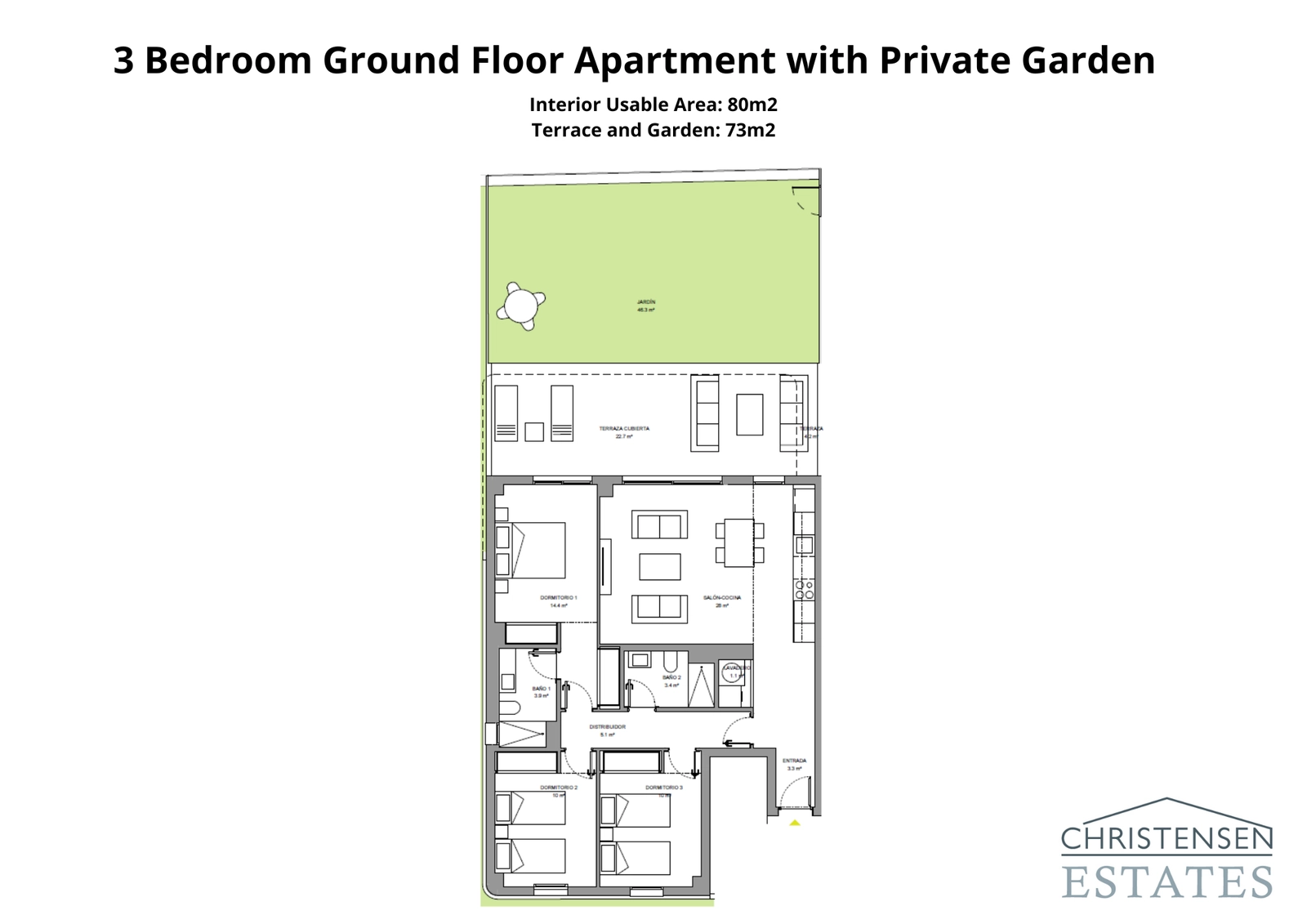Dreizimmer-Erdgeschosswohnung mit geräumigen Innenräumen, verbunden mit einer großzügigen Terrasse und einem privaten Garten, perfekt für das Leben im Freien.