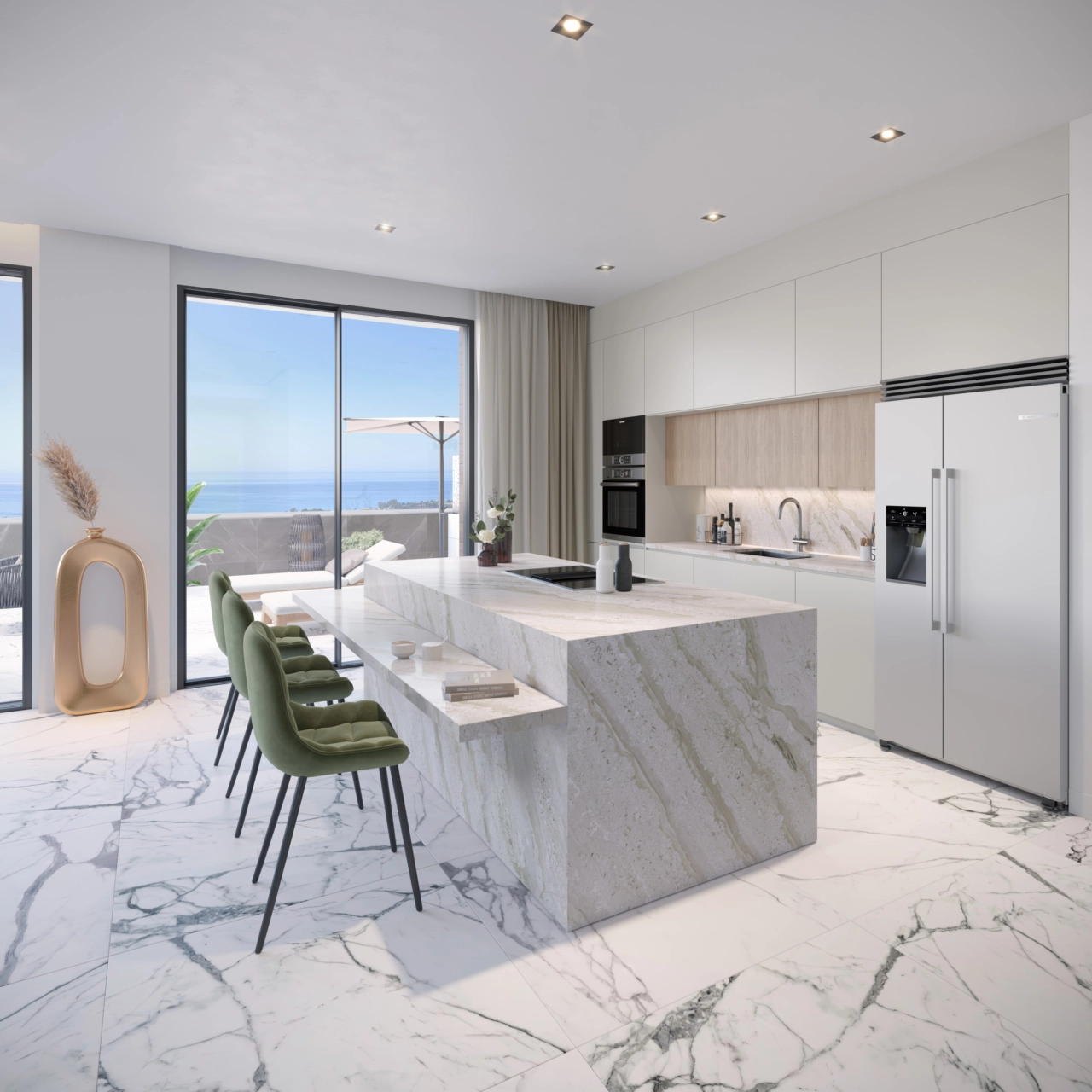 Eine moderne, voll ausgestattete Küche mit einer stilvollen Kochinsel und hochwertigen Oberflächen.