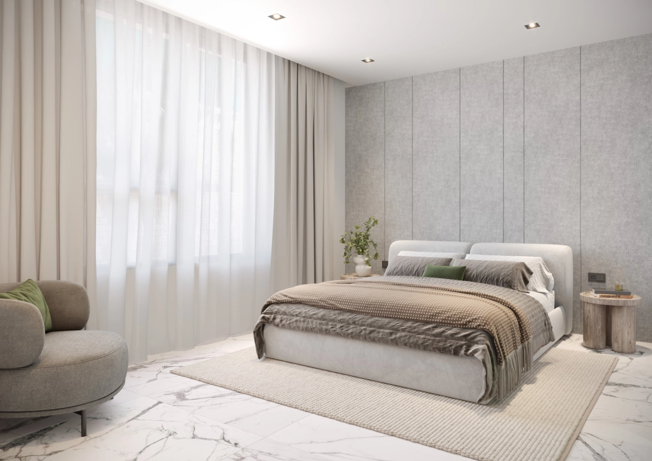 Ein ruhiges und geräumiges Schlafzimmer, konzipiert für höchsten Komfort und Entspannung.