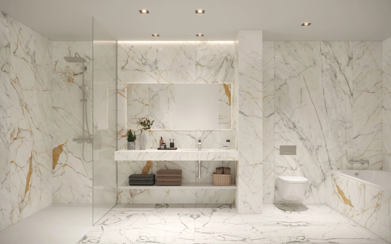 Luxuriöse Badezimmer mit hochwertigen Materialien und zeitgemäßem Design.